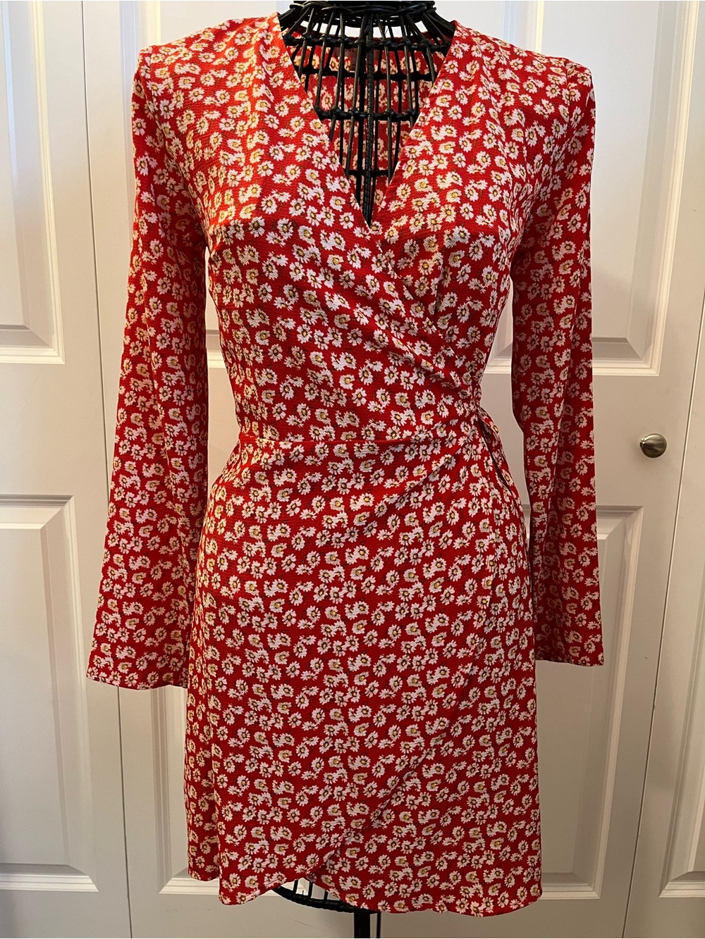 Red Floral Long-Sleeve Wrap Dress